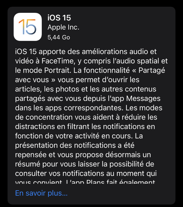 Les versions finales d'iOS/iPadOS/tvOS15 et watchOS 8 sont disponibles