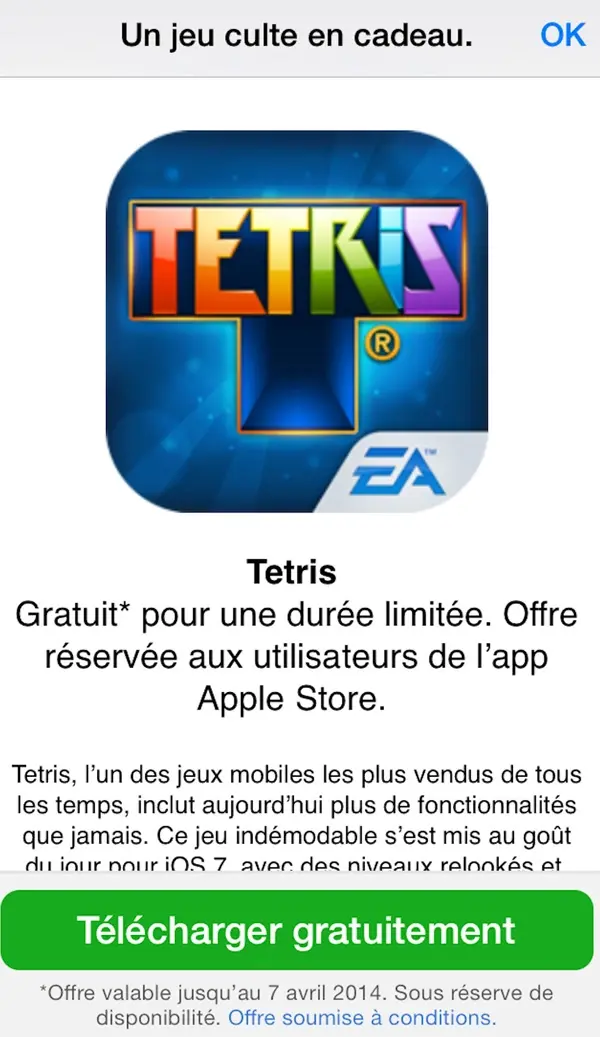 Apple offre gratuitement le jeu Tetris (officiel) sur iPhone