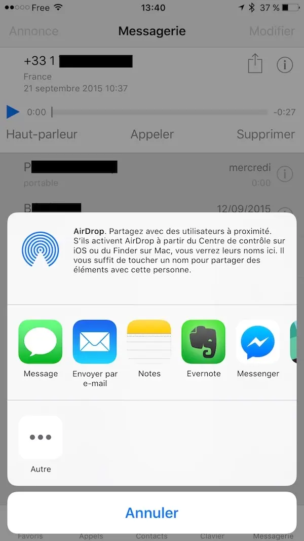 iOS 9 permet de partager facilement les messages de son répondeur