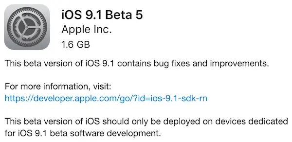 iOS 9.1 Beta  5 disponible pour les développeurs