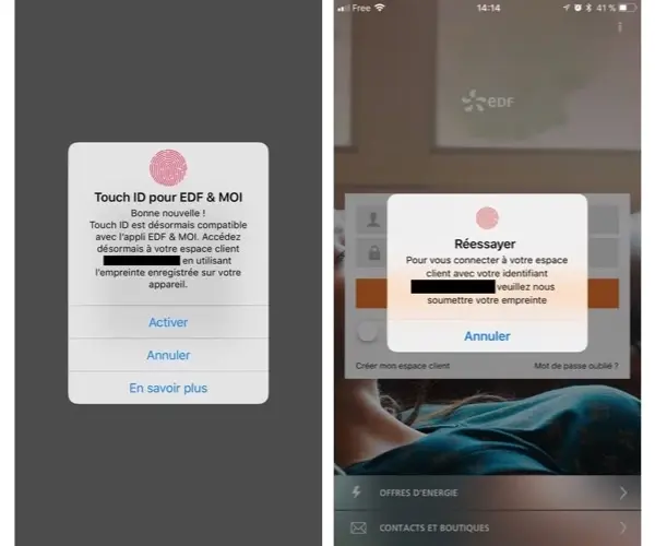 Touch ID sécurise l'application EDF & MOI