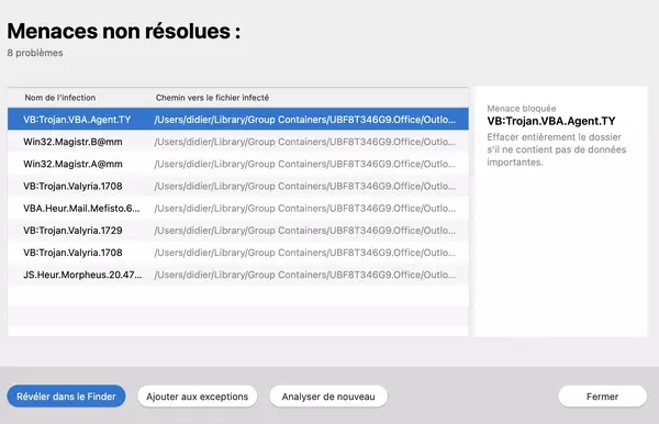 Bitdefender a détecté plusieurs menaces sur notre machine et nous invite à les supprimer ou à les ajouter aux exceptions