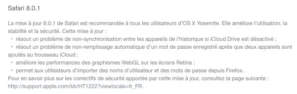 Mises à jour pour Safari 8.0.1, Safari 7.1.1 et Safari 6.2.1