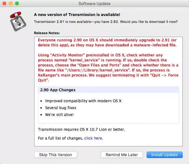 Le client BitTorrent Transmission 2.9 contient un malware (qui vous rançonne)