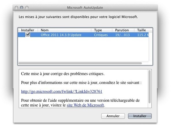 Microsoft Office 2011 en version 14.3.9, corrections pour Word et Outlook