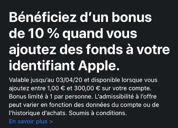 Un bonus de 10% en créditant un compte sur l'App Store