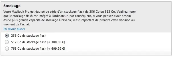 L'option SSD 512 Go moins coûteuse sur l'Apple Store