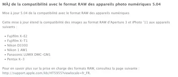 Nouvelle mise à jour de la compatibilité RAW 5.04