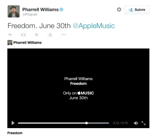 Apple Music aura l'exclusivité pour Freedom, le nouveau titre de Pharrell entendu à la Keynote