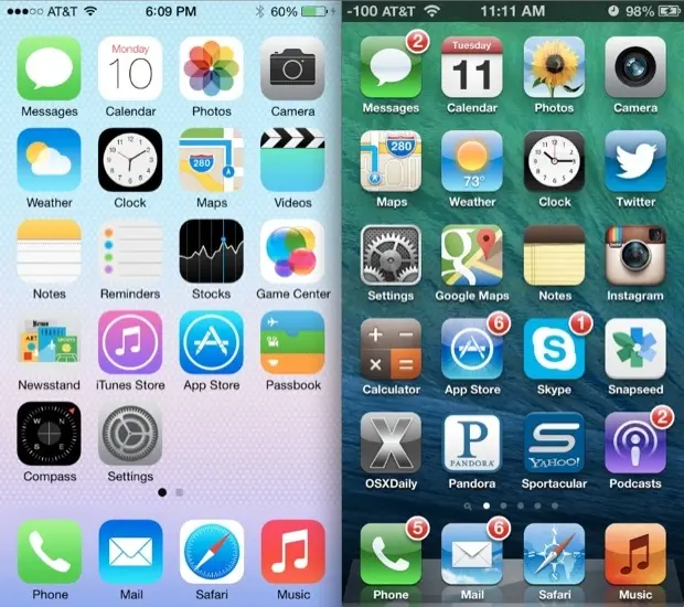 iOS 7 à gauche et iOS 6 à droite.