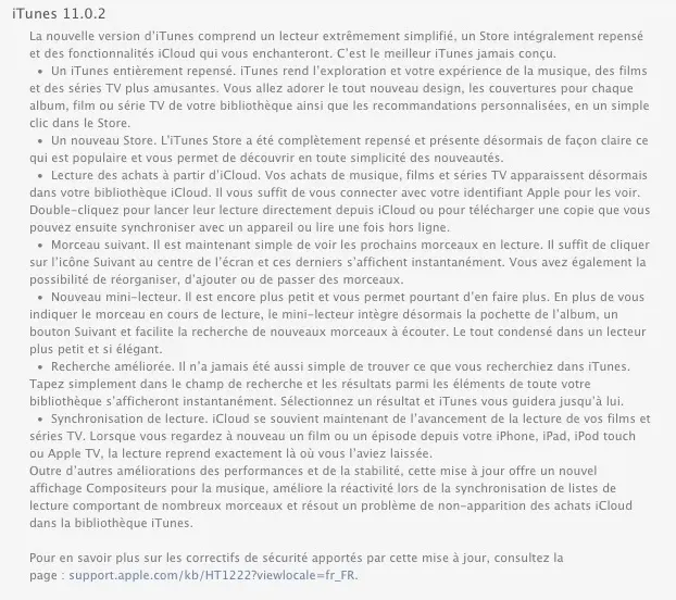 Mise à jour iTunes 11.0.2