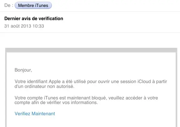 Attention aux tentatives de récupération de vos identifiants iCloud par mail