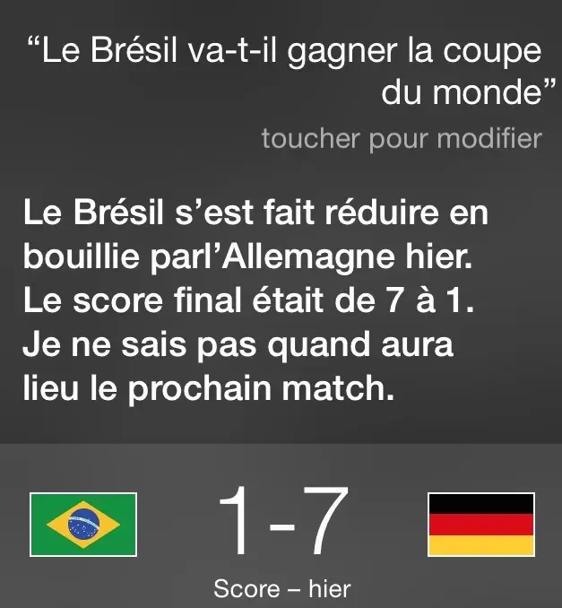 L'image du jour : Siri démonte le Brésil quand on lui demande le résultat du match d'hier soir