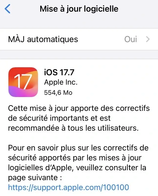 Des mises à jour de sécurité pour iOS 17.7, iPadOS 17.7 et macOS 14.7