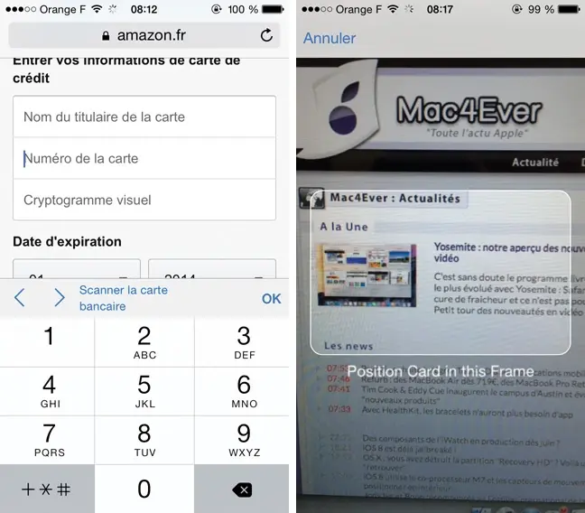 iOS 8 : il sera possible de scanner sa carte de crédit depuis Safari