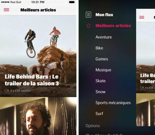 Du skate, du snow et des sports mécaniques dans l'application RedBull sur iPhone