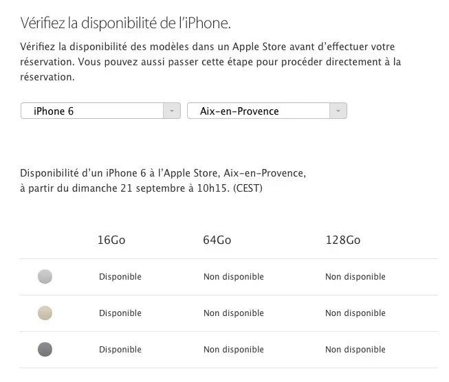 Une page qui indique la disponibilité des iPhone 6 en temps réel dans les Apple Store