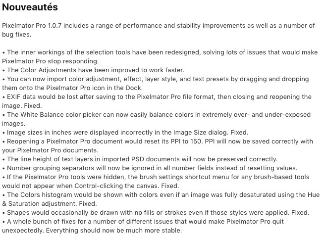 Pixelmator Pro s'améliore et passe en 1.0.7