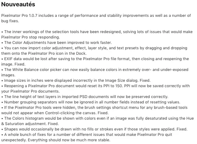 Pixelmator Pro s'améliore et passe en 1.0.7