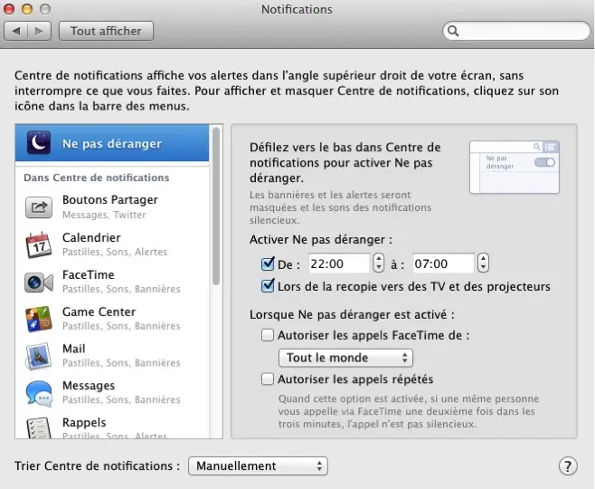 Se programmer des périodes de tranquillité sous Mavericks