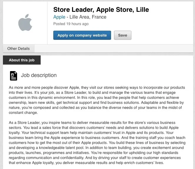 De nouvelles offres d'emploi pour l'Apple Store de Lille sur LinkedIn