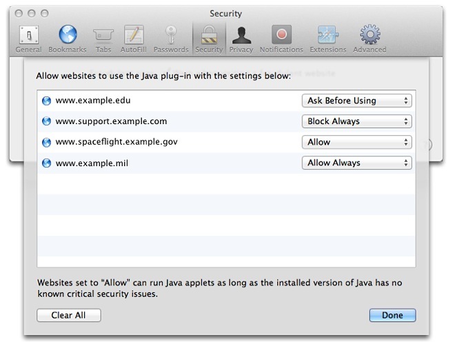 Safari 6.0.4 et Safari 5.1.9 permettent d'activer JAVA site par site