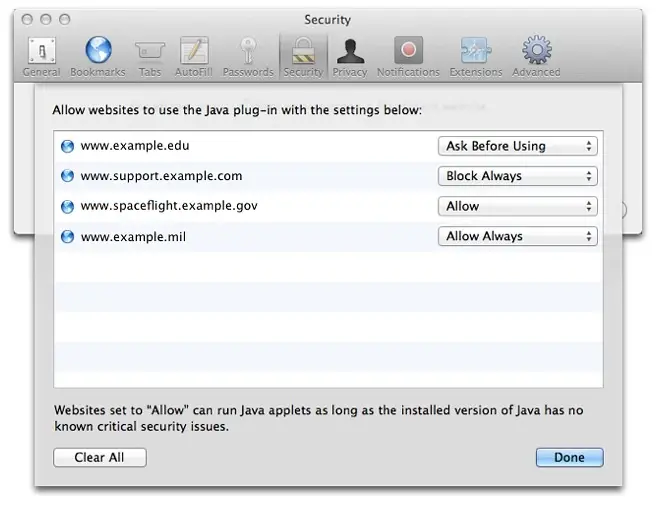 Safari 6.0.4 et Safari 5.1.9 permettent d'activer JAVA site par site