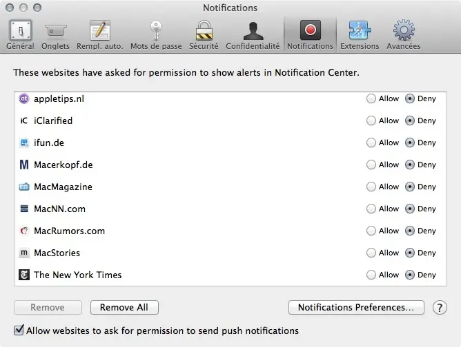 Safari 7.0.3 permet de désactiver les demandes de notifications