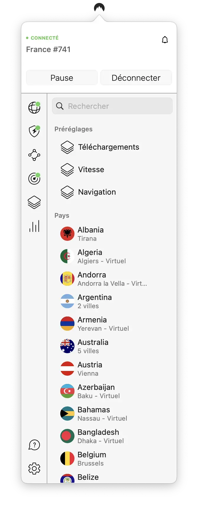 Menu NordVPN Mac