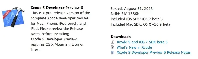 Xcode 5 en Developer Preview 6 mais toujours pas d'iOS 7 bêta 7