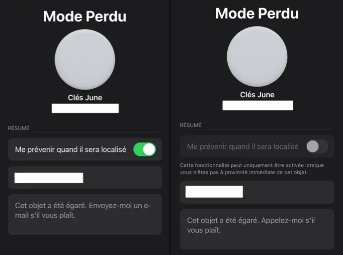 AirTag : iOS 14.6 permet d'ajouter une adresse mail en mode Perdu