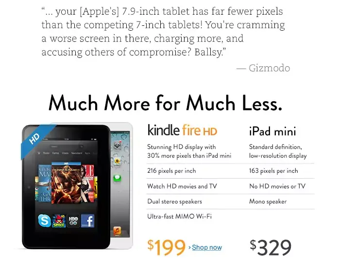 Quand Amazon compare l'iPad mini et le Kindle Fire