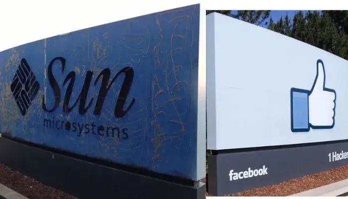Derrière le panneau de Facebook, les restes du panneau Sun Microsystems, mastodonte disparu de la Silicon Valley.