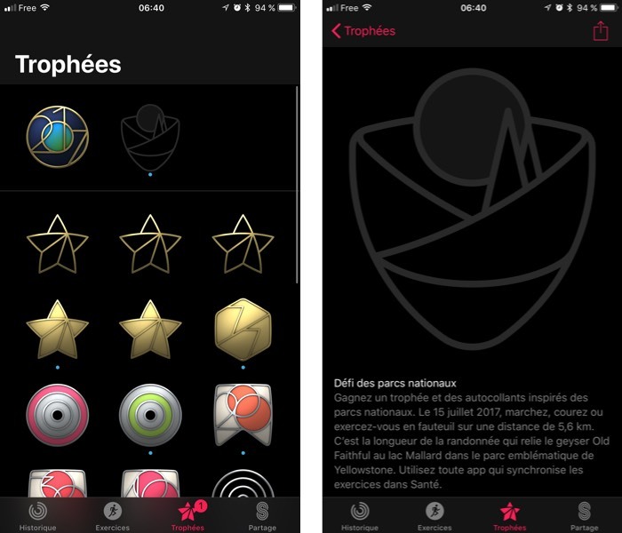 Apple Watch : le trophée des parcs nationaux apparait dans l'app Activité