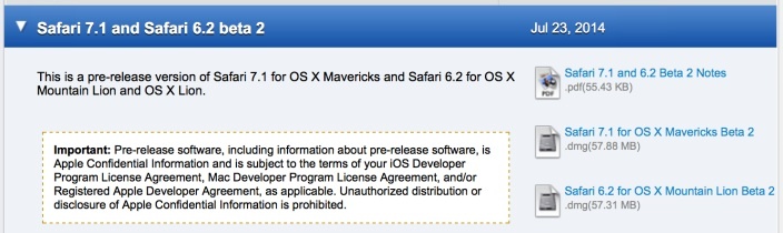Safari 7.1 et 6.2 bêta 2 sont disponibles pour les développeurs