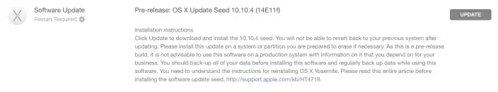 Nouvelle version beta d'OS X 10.10.4 build 14E11f