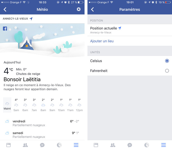 L'application Facebook s'équipe d'une belle page météo