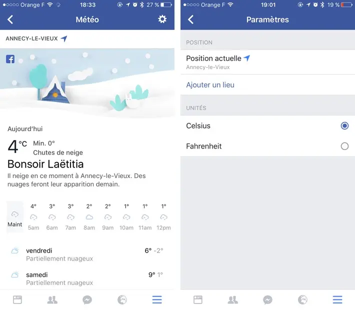 L'application Facebook s'équipe d'une belle page météo