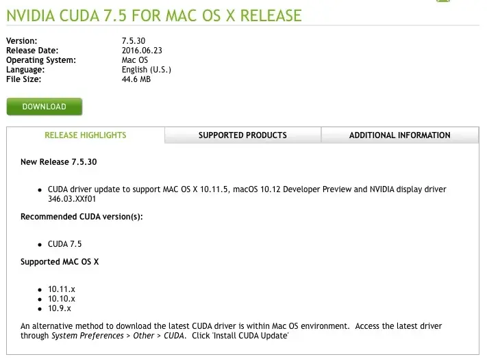 MAJ de CUDA (7.5.30) pour macOS Sierra et El Capitan