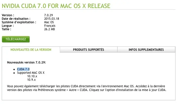 Mise à jour des pilotes CUDA pour OS X en version  7.0.29