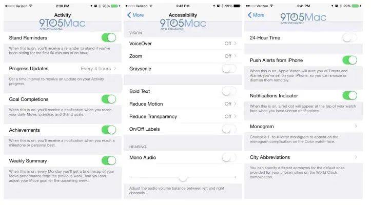 Des captures de l'application accompagnant l'Apple Watch sur l'iPhone