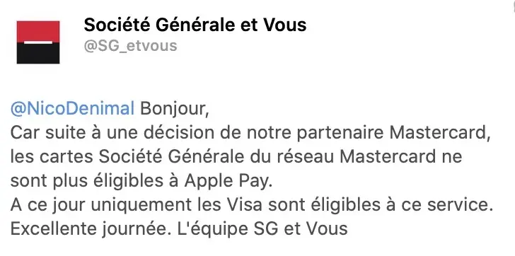 La Société Générale explique la non-compatibilité ApplePay/MasterCard