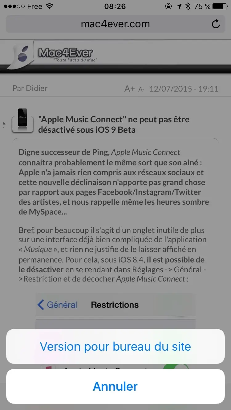 iOS 9 : Safari facilite l'affichage de sites en version "desktop"