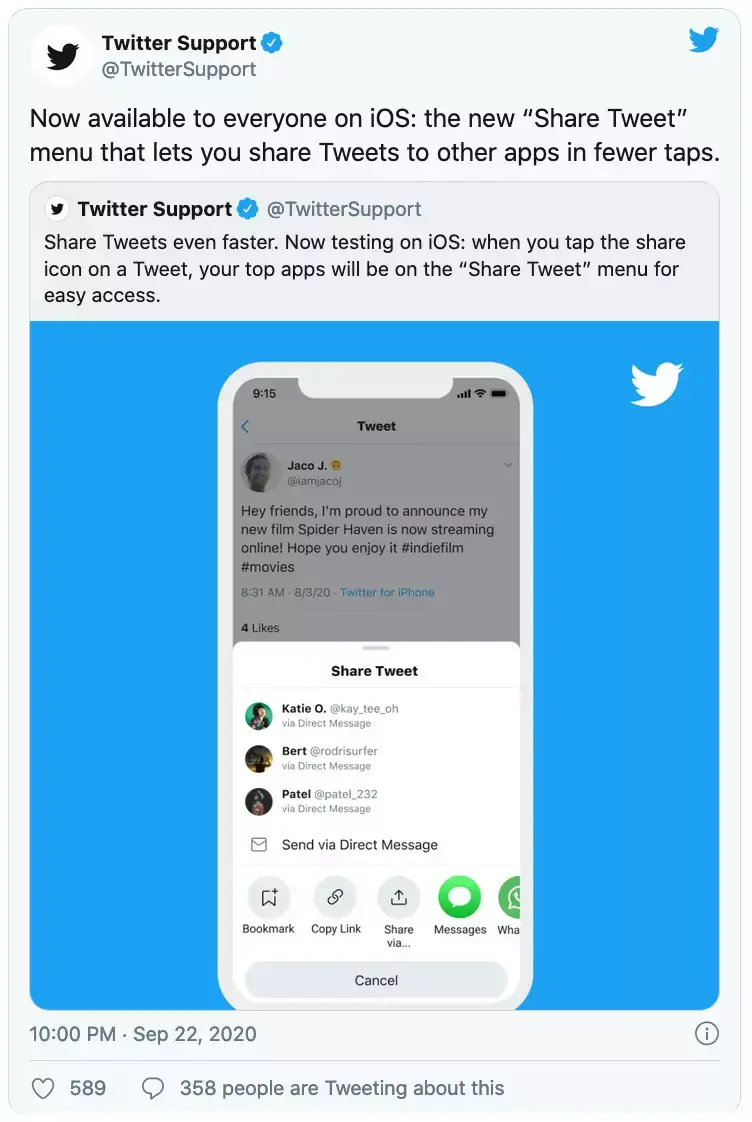 iOS : l'app Twitter propose un nouveau menu de partage de tweet