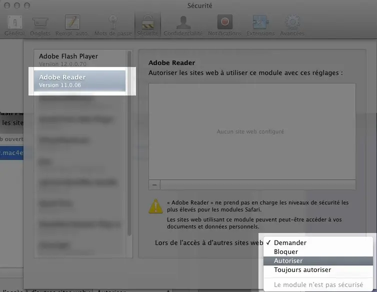 Safari : se débarrasser du message 'Adobe Reader bloqué" pour les PDF