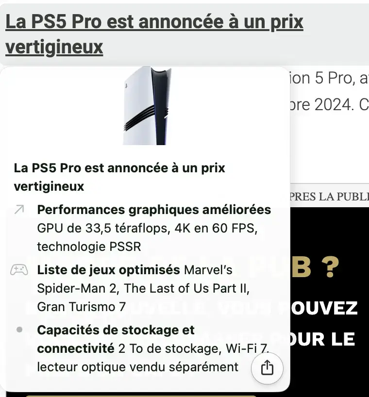 5-second Preview : un résumé de l'article avant d'avoir cliqué dessus.