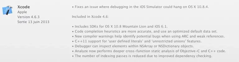 XCode mise à jour pour Mac OS 10.8.4