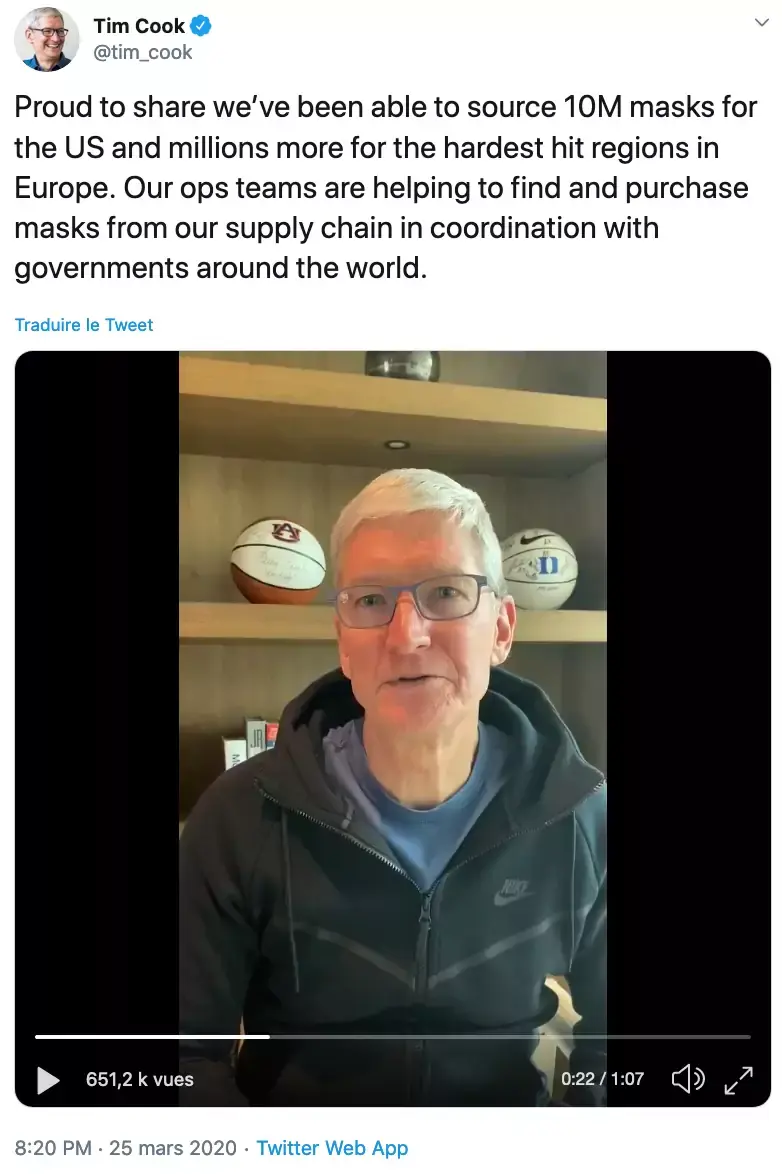 D'où viennent les millions de masques donnés par Apple (aux USA et à l'Europe) ?