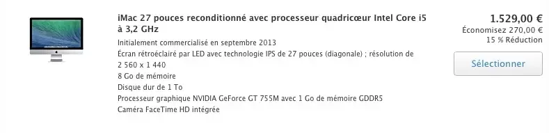 Plein d'iMac 27" (2013) et de MacBook Air/Retina (2013) sur le Refurb