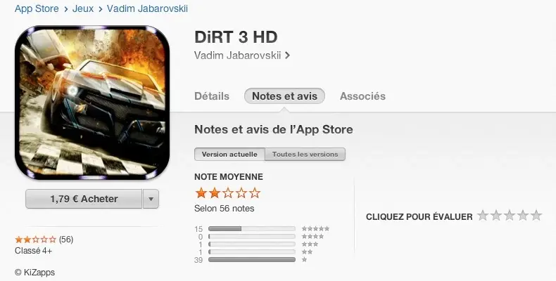 Non Dirt 3 n'est pas disponible sur l'App Store, ne vous faites pas arnaquer